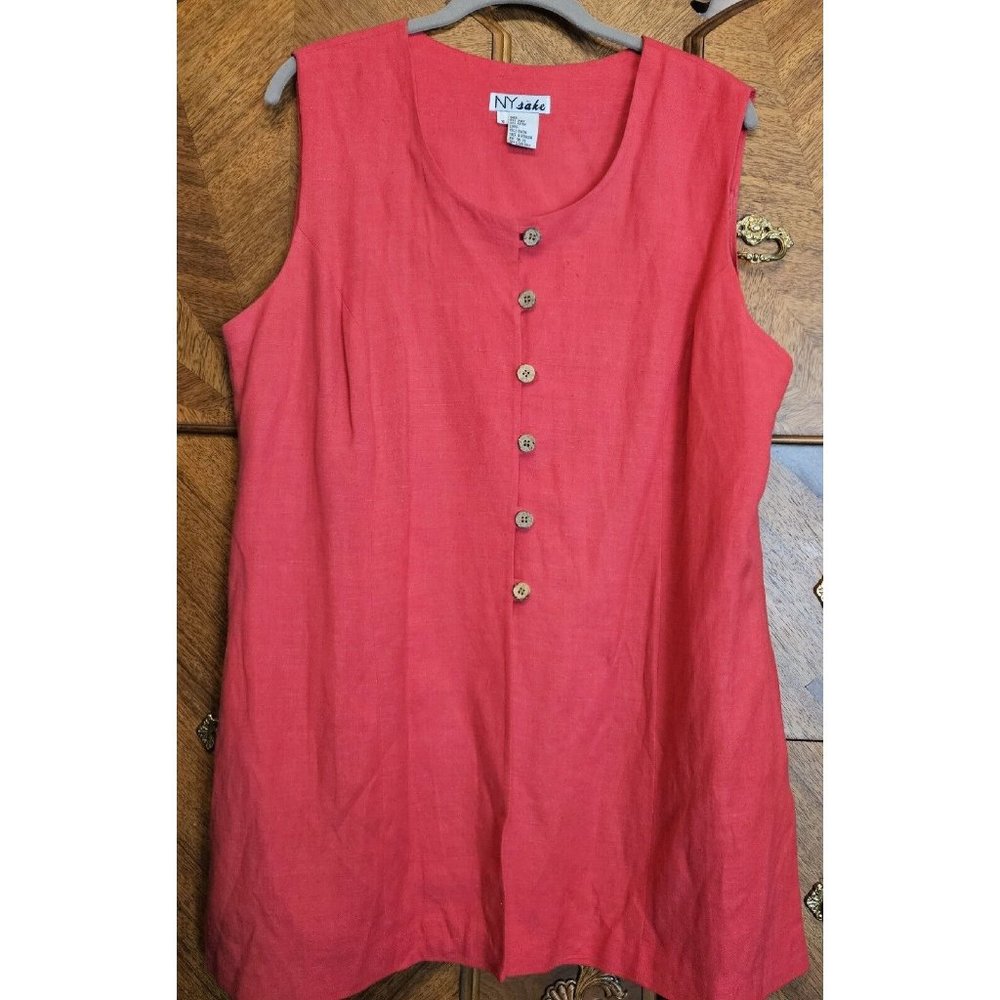 NY Sake Coral Size 18 Linen Blend Longline Wooden Buttoned Vest